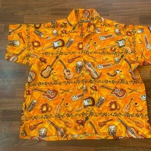 Box Office Island Hawaiian Shirt Guitar Rock N Roll Orange Size 3X Button Up